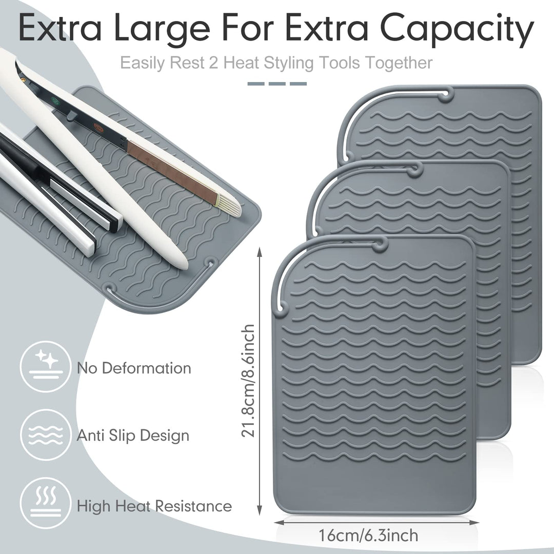 Heat Resistant Straightener Pad 3 Pcs 8.6 x 6.2 Inch Travel Silicone Heat Resistant Mat Heat Mat for Curling Iron Straightener Holder Flat Iron Mat for Hot Hair Dryer Salon Tools (Gray)