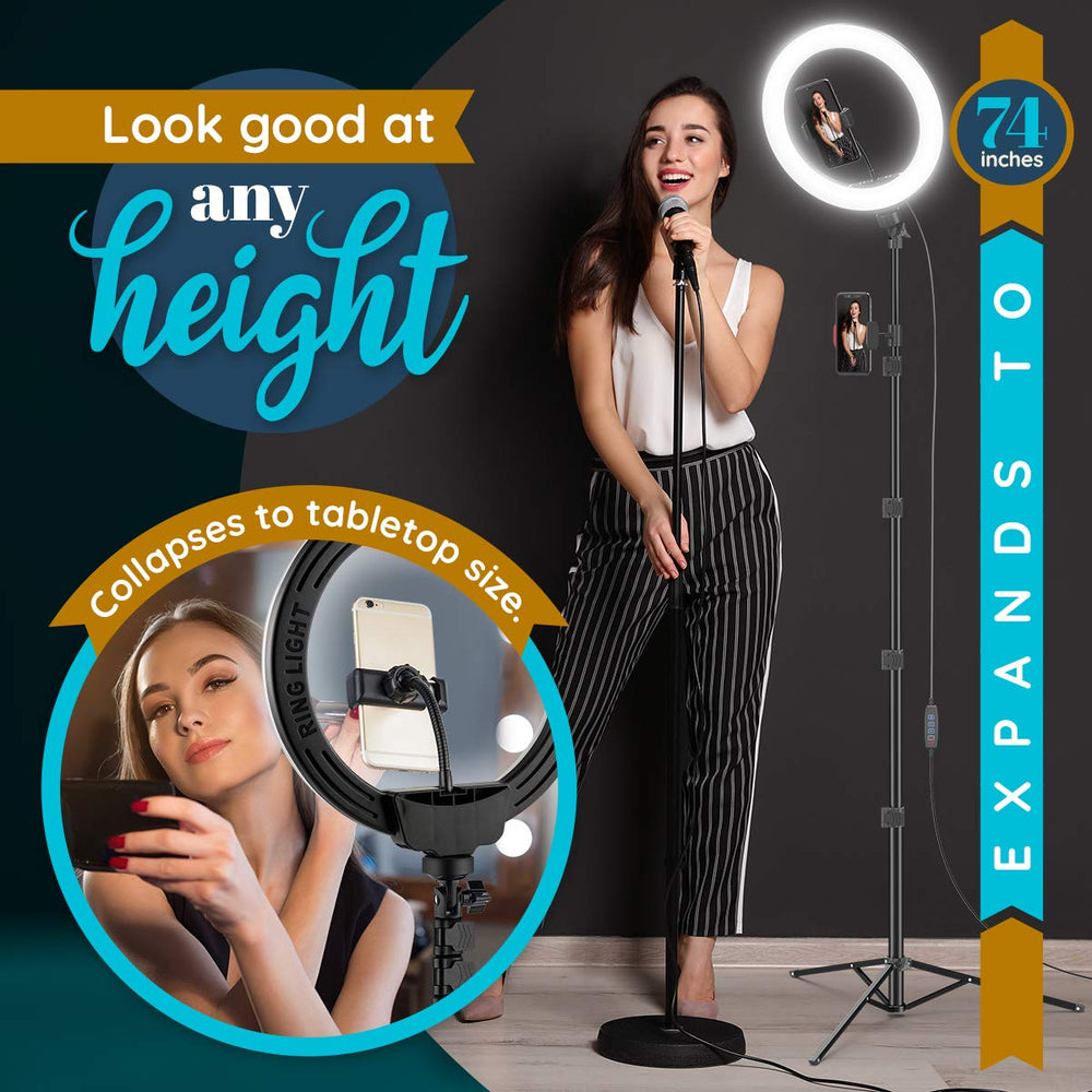 10 Ring Light Tripod with LEDs, Dual Phone Holders - for Makeup, Photography, Room Décor