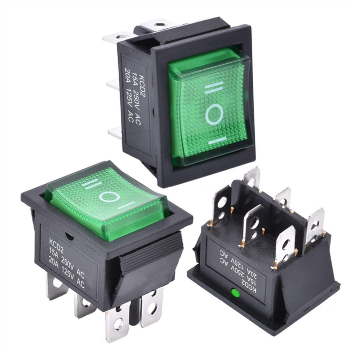 3Pcs 3 Position Rocker Toggle Switch DPDT 6 Pin AC 125V/10A 250V/16A ON-Off-ON with LED Light KCD2-203N (Green)