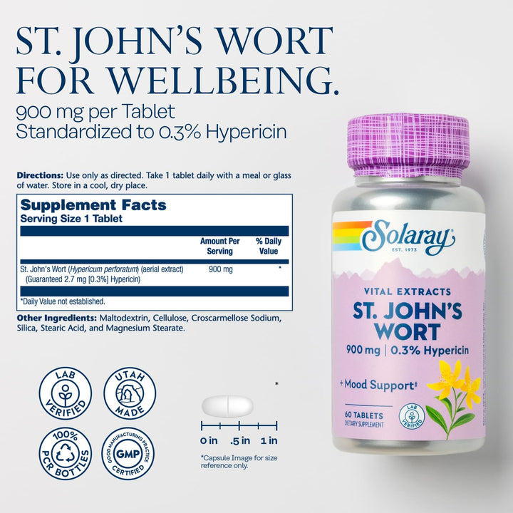 St. Johns Wort Aerial Extract One Daily 900mg, Standardized w/ 0.3% Hypericin for Mood Stability & Brain Health Support, Non-GMO |60 Servings | 60 Tablets