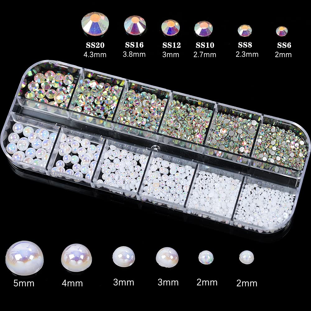 1 Box White AB Nail Pearls and Rhinestones for Nail Art Decoration, Mixed Size Flatback Glass Nail Rhinestones Crystals Gems Acrylic Nail Pearls Nails Accessories Glitter Nail Supplies