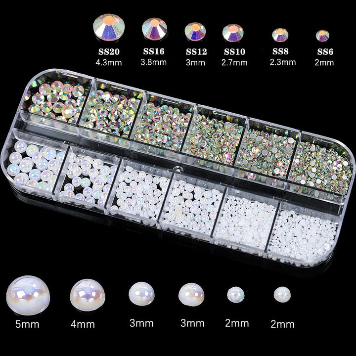 1 Box White AB Nail Pearls and Rhinestones for Nail Art Decoration, Mixed Size Flatback Glass Nail Rhinestones Crystals Gems Acrylic Nail Pearls Nails Accessories Glitter Nail Supplies