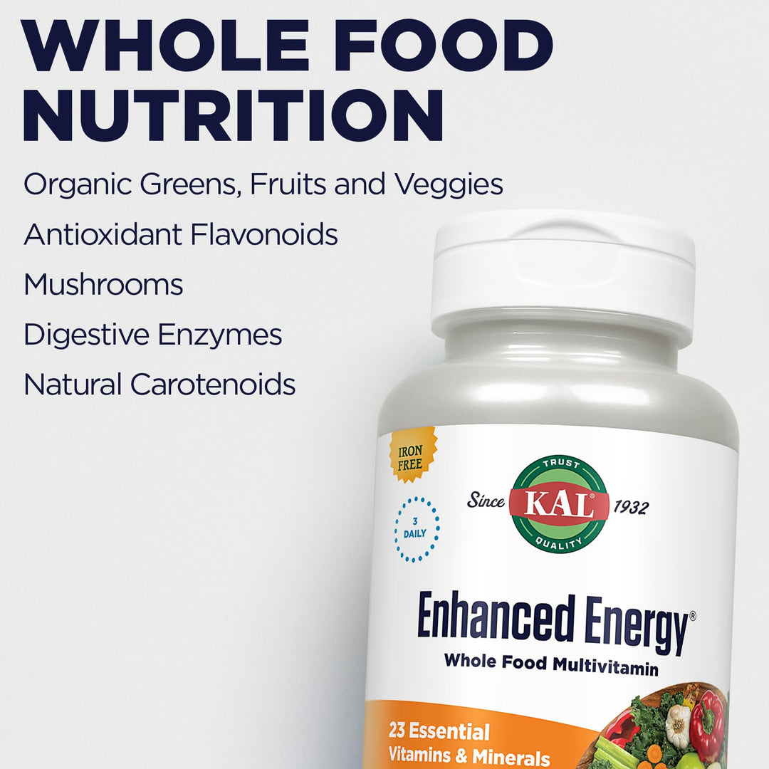 Enhanced Energy Supplements, 3 Daily - Whole Food Multivitamin for Women and Men, Iron Free - 23 Essential Vitamins, Minerals, Super Foods, Digestive Enzymes, 60-Day Guarantee, 30 Serv, 90 VegTabs