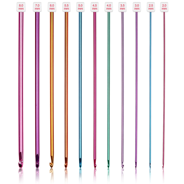 Set of Long Crochet Hooks, 11 Tunisian Crochet Hooks, Multi-Coloured Afghan Crochet Needles for Crocheting, 2 mm (B)-8 mm (L), Crochet Hooks Knitting Tools Set Ideal for Beginners and