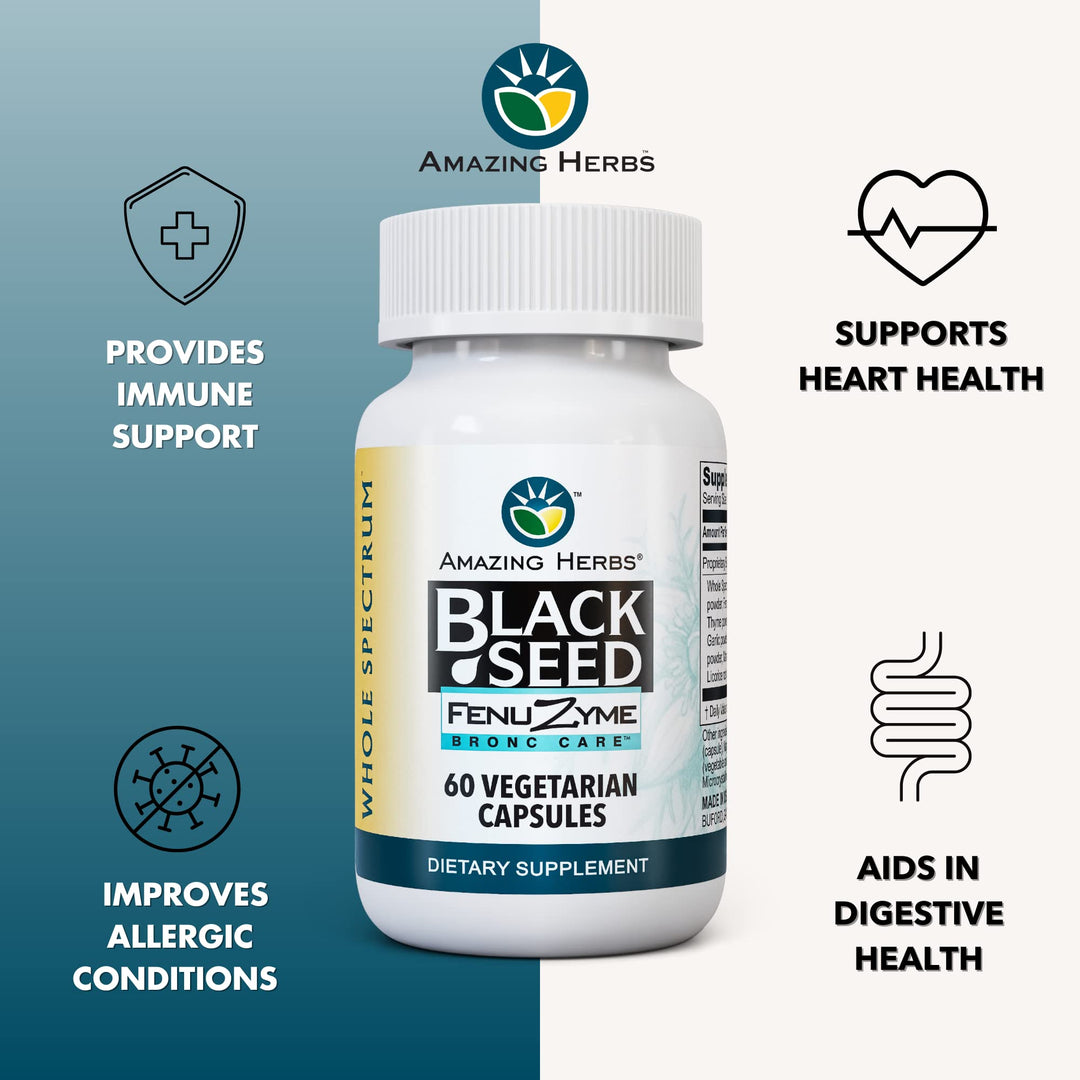 Black Seed Fenuzume Bronc-Care, Vegetarian Capsules - Gluten-Free, Non-GMO, Vegan, Enhances Immune Response, Improves Allergic Conditions & General Well-Being - 60 Count