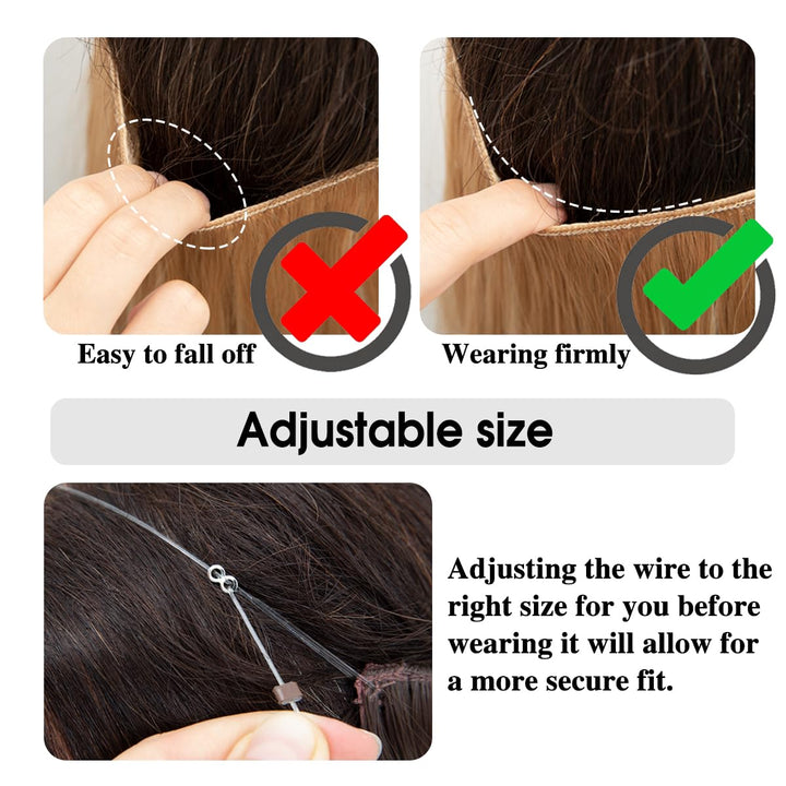 Ombre Invisible Wire Hair Extensions with 3 Clips Long Synthetic Wavy Curly Hairpiece Adjustable Transparent Headband for Women 18 Inch Brown to Ash Blonde