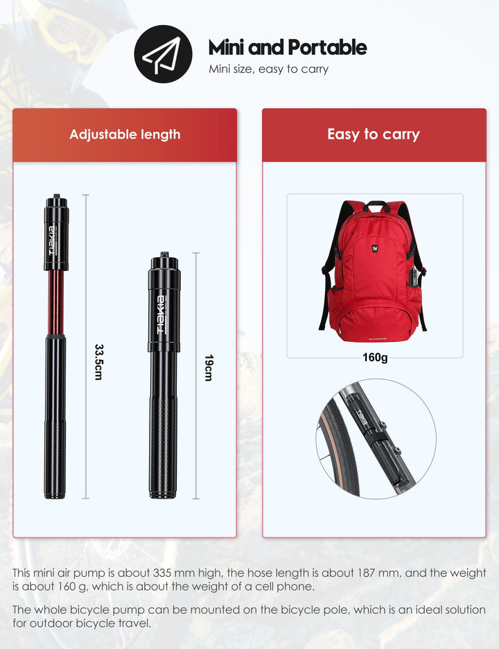 Mini Bike Pump,Portable Compact Bicycle Pump,High Pressure Frame Pump 260PSI- Air Hand Pump Fit Presta, Schrader & Woods Valves,Aluminum Alloy Durable Tire Pump for Road/Mountain/BMX Bikes