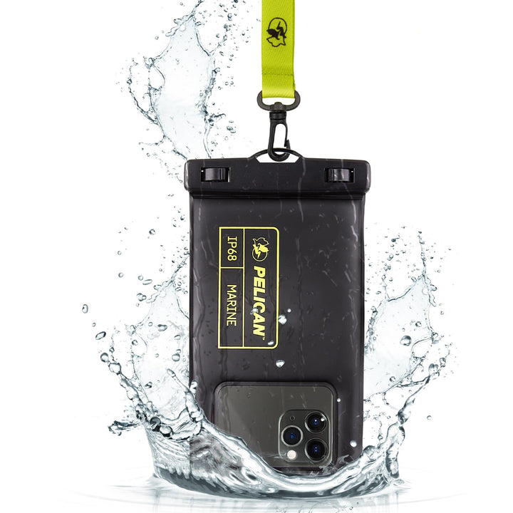 Marine - IP68 Waterproof Phone Pouch / Case (Regular Size) - Floating Waterproof Phone Case For iPhone 16 Pro Max/iPhone 15 Pro/14/13/12/S24 Ultra - Detachable Lanyard - Black/Hi-Vis Yellow