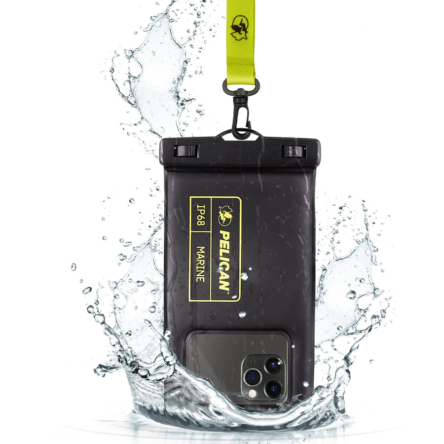 Marine - IP68 Waterproof Phone Pouch / Case (Regular Size) - Floating Waterproof Phone Case For iPhone 16 Pro Max/iPhone 15 Pro/14/13/12/S24 Ultra - Detachable Lanyard - Black/Hi-Vis Yellow