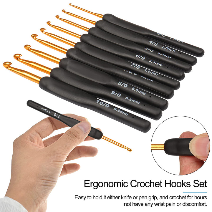 Black Gold Crochet Hooks Needles for Arthritic Hands, 2.0-6.0mm Crochet Hook Set Ergonomic Soft Grips Knitting Hook for Crochet Yarn Craft, Aluminum Knitting Crochet Supplies Kit for Knitter