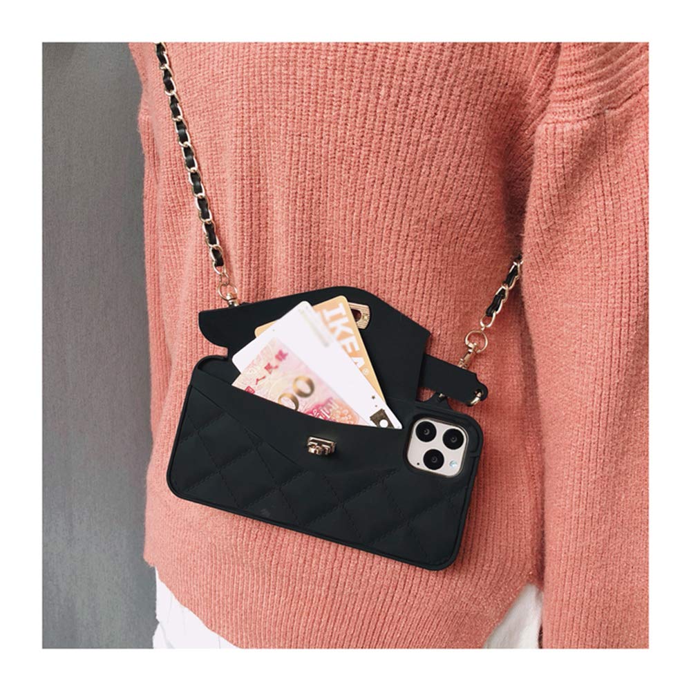 Wallet Case Compatible with iPhone 13 Pro Max, Cute Light Luxury Bag Design, Purse Flip Card Pouch Cover Soft Silicone Case with Handstrap Long Shoulder Strap (Black, iPhone 13 Pro Max)