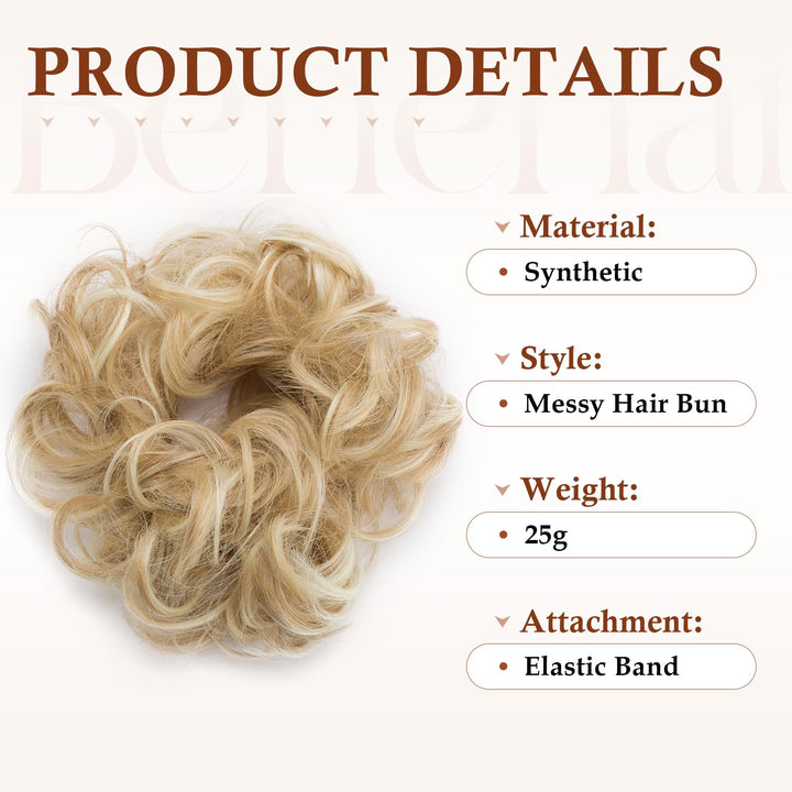 Messy Bun Hair Piece Scrunchy Updo Hair Pieces for Women Fluffy Wavy Hair Bun Scrunchies Donut Hairpiece Synthetic Chignons With Elastic Rubber Band Dark Blonde & Bleach Blonde 1 pc