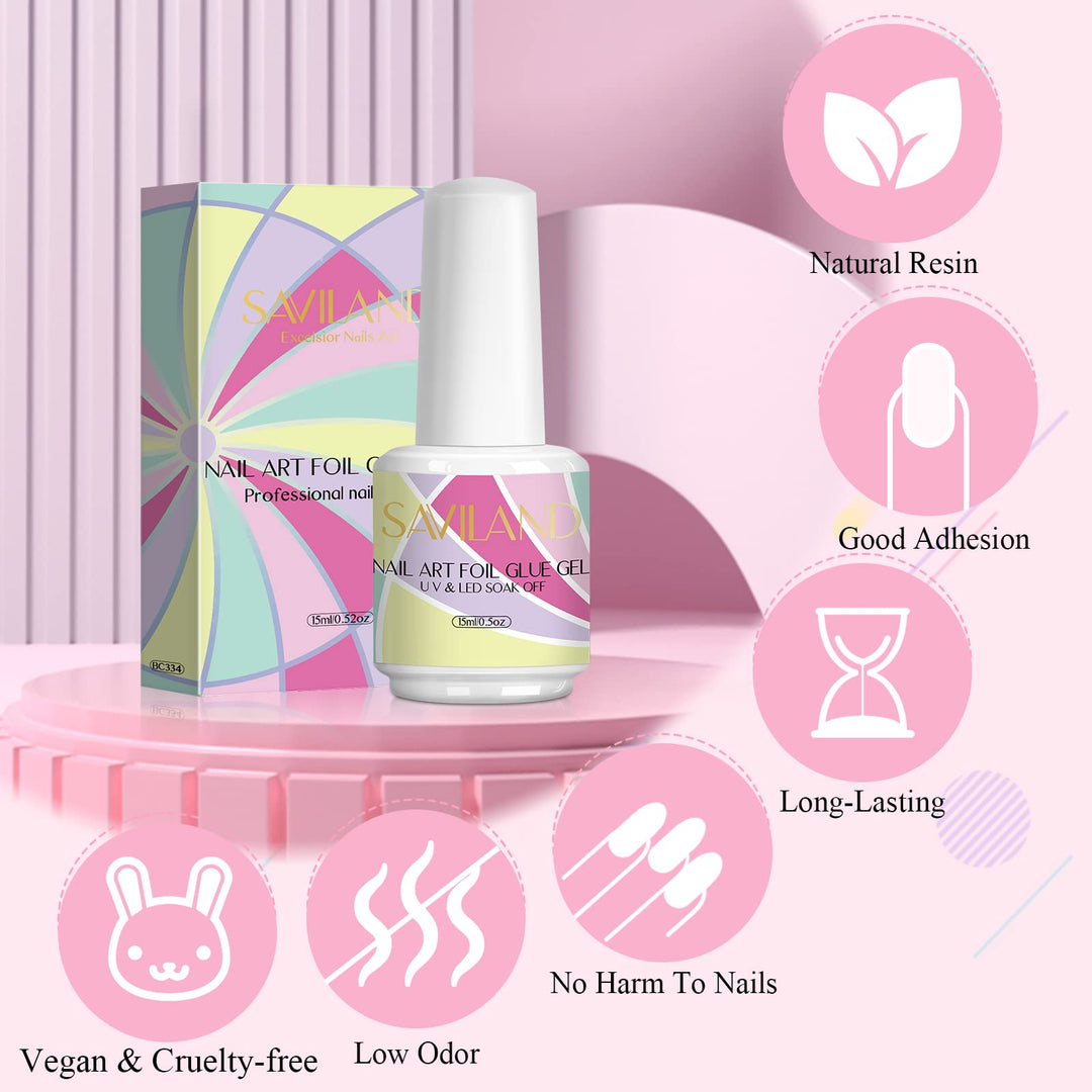 Saviland Nail Foil Glue - 15ml Nail Foil for Foil Transfer Gel, Nail Foil Sheets on Gel Nail Polish, Acrylic Nail Kit, Glue Transfer Soak-Off U V LED Gel for Home DIY Manicure Decoration or Nail Salon
