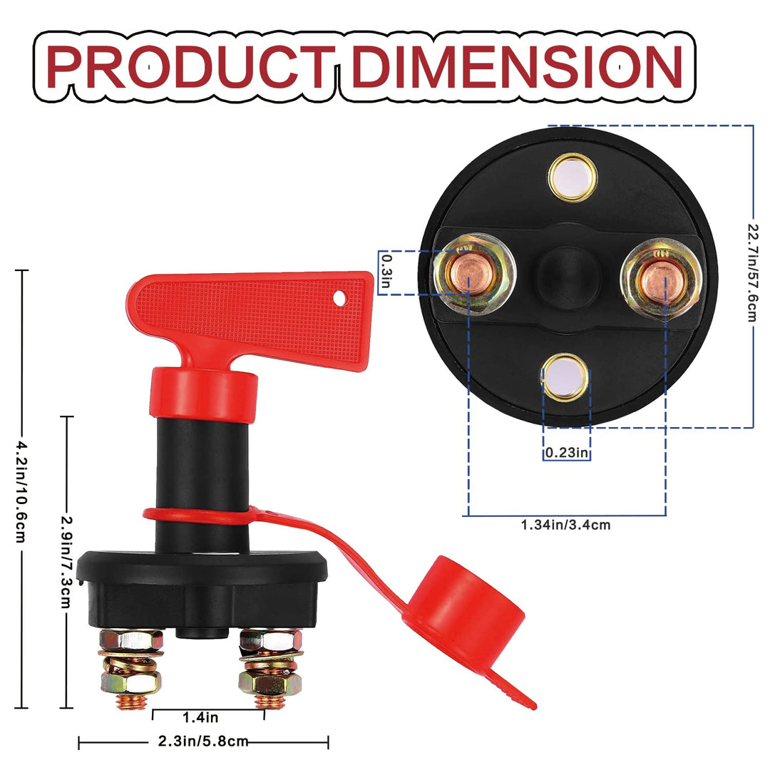 Battery Disconnect Switch, DC 12V 24V Battery Master Isolator Cut Off Power Kill Switch for Marine Car Boat RV ATV Auto Truck Vehicle, with 2 Waterproof Key, 4 Copper Ring Terminals