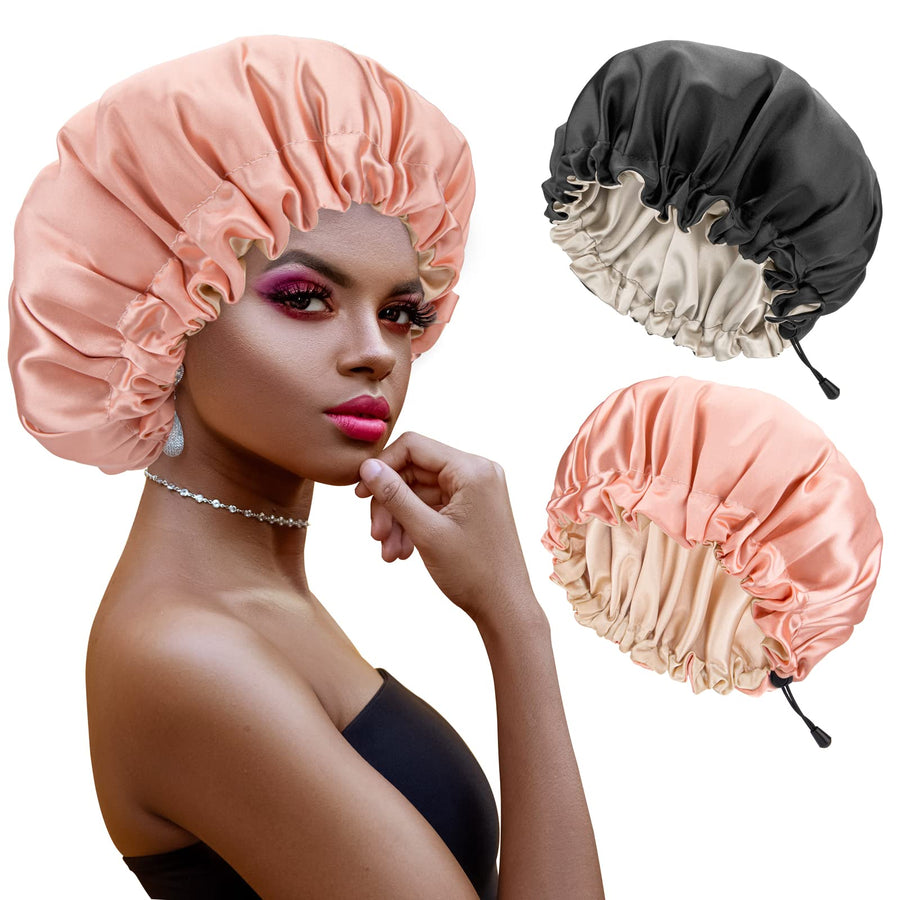 Satin Bonnet, 2PCS Silk Bonnet, Hair Bonnet for Black Women for Curly Hair Sleeping, Silk Sleeping Cap, Satin Sleep Cap, Satin Night Cap, Hair Cap for Sleeping, Sleep Bonnet, Black & Pink
