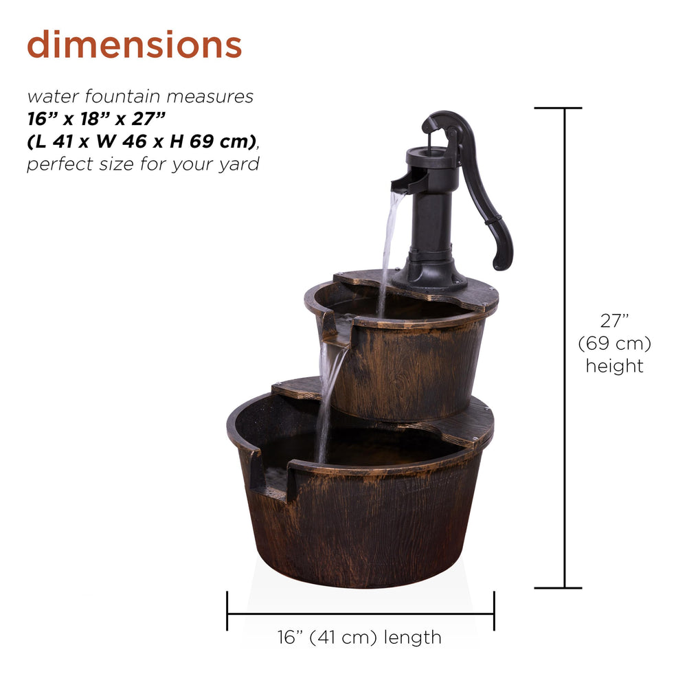 - Outdoor Rustic 2-Tiered Barrel and Pump Water Fountain – Bronze Finish, Relaxing Water Flow, Ideal for Garden, Patio, & Yard Décor, 27H