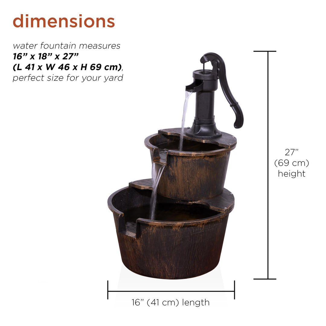 - Outdoor Rustic 2-Tiered Barrel and Pump Water Fountain – Bronze Finish, Relaxing Water Flow, Ideal for Garden, Patio, & Yard Décor, 27H