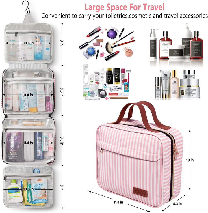 Hanging Travel Toiletry Bag with Hook | Water Proof Zip Bag with 4 Compartments + 2 Outer Zip Pockets | Cosmetic Travel Bag for Toiletries | Travel Essentials for Women & Men (Pink Stripe)