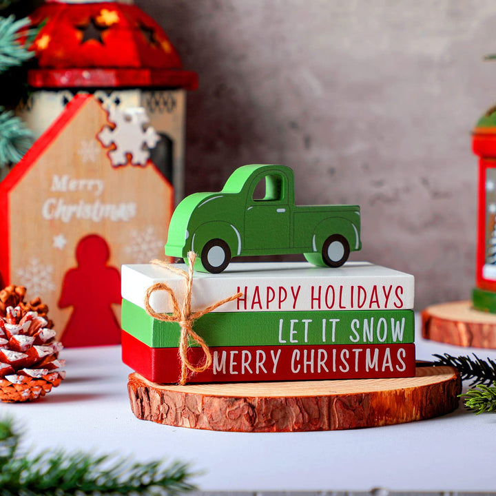 4 Pcs Christmas Tiered Tray Decor Red Truck Christmas Decor Mini Faux Book Decor Christmas Truck Gift Farmhouse Christmas Decoration Christmas Truck Signs for Christmas Home Table Decor
