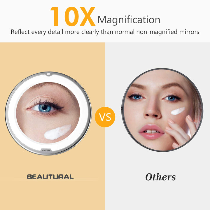 Beautural 10X Magnifying Makeup Mirror with LED Lights, Lighted Magnifying Vanity Makeup Mirror for Home Tabletop Bathroom Shower Travel, 360 Degree Rotation, Powerful Suction Cup