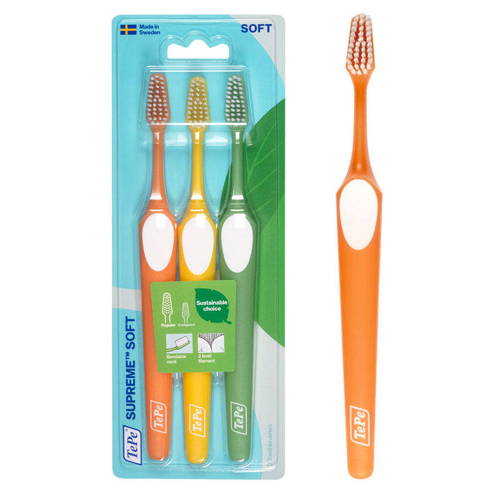 TEPE Supreme Toothbrush, Soft Bristle Toothbrush, Tapered Brush Head for Sensitive Teeth and Gum Care, Adult, 3 Pack