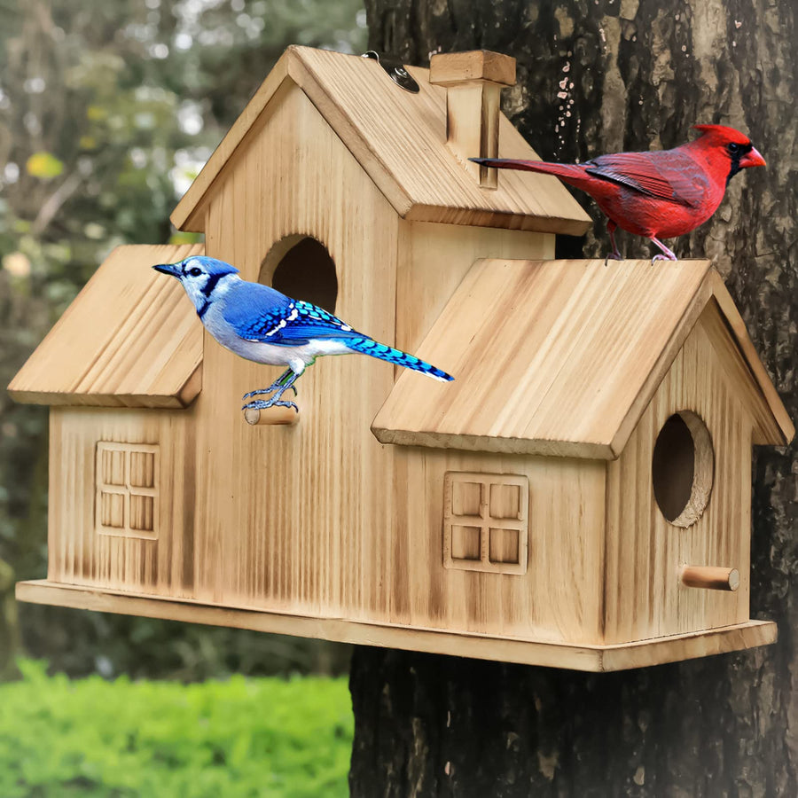 Bird Houses for Outside,Outdoor 3 Hole Bird House Room for 3 Bird Families Bluebird Finch Cardinals Wooden Hanging Birdhouse for Garden