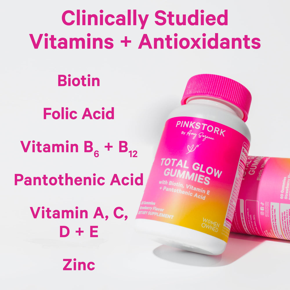 Total Glow Gummies - Hair, Skin, and Nails Vitamins - 11 Vitamins & Nutrients - Biotin, Vitamin A, B6, B12, Folate - Beautiful Hair, Radiant Skin, and Strong Nails - 60 Berry Biotin Gummies