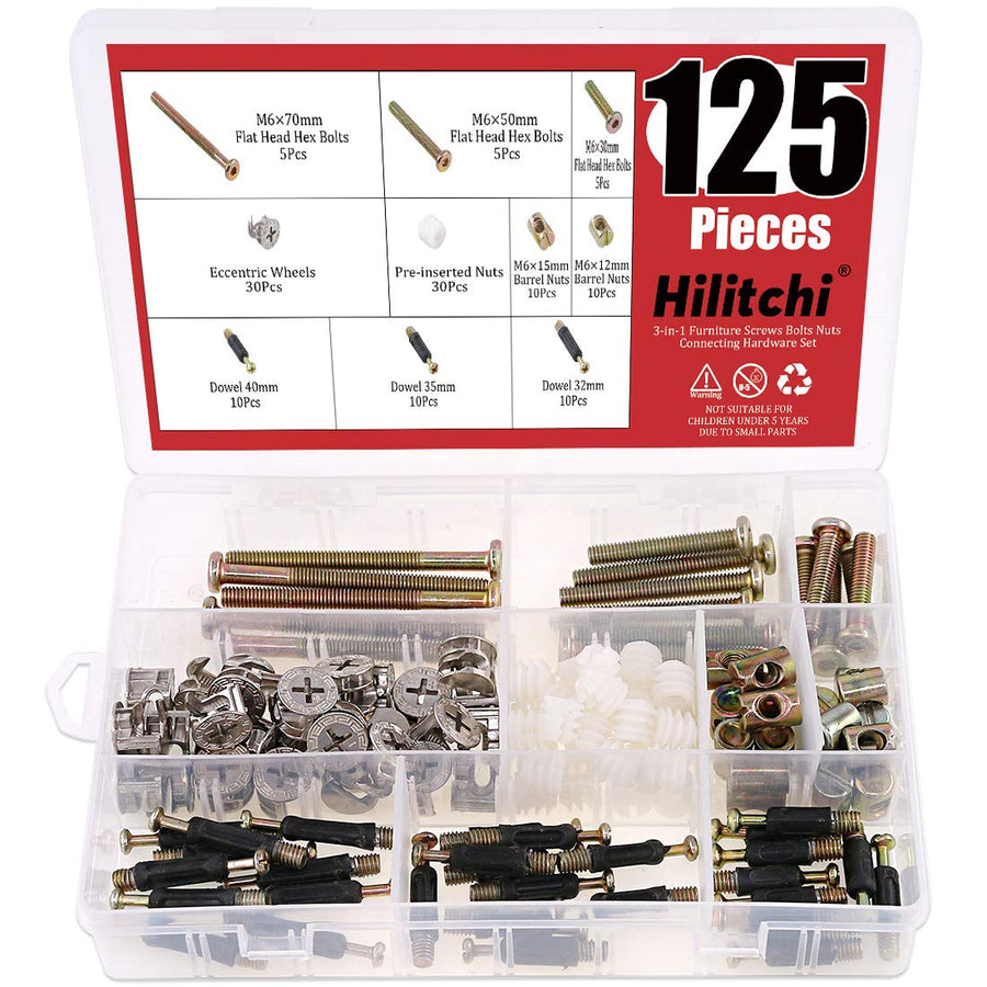 125 Pcs 3 in 1 Cam Fitting with Dowel and Pre-Inserted Nut with Zinc Plated Hex Drive Socket Cap Furniture Barrel Nuts Crib Screws Assortment Kit Furniture Connecting Hardware Connectors