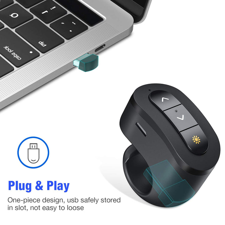 Rechargeable Finger Ring Wireless Presenter Clicker for PowerPoint, Keynote, Mac, Laptop - USB Presentation Remote with 2.4GHz RF