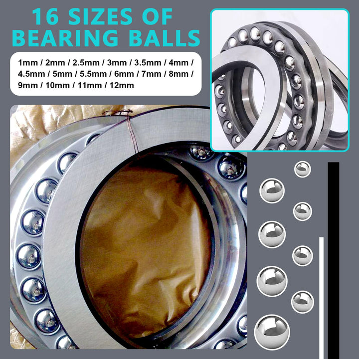 330Pcs 16Sizes Precision Bearing Steel Ball Assortment Kit Including Sizes 1MM 2MM 2.5MM 3MM 3.5MM 4MM 4.5MM 5MM 5.5MM 6MM 7MM 8MM 9MM 10MM 11MM 12MM Metric