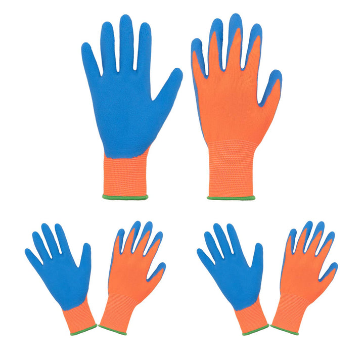 Kids Gardening Gloves for Age 2-13, 3 Pairs Foam Rubber Coated Palm Garden Gloves for Boys Girls, Children Garden Gripper Gloves (Size 6 (Age 11-13), Orange 3 Pairs)