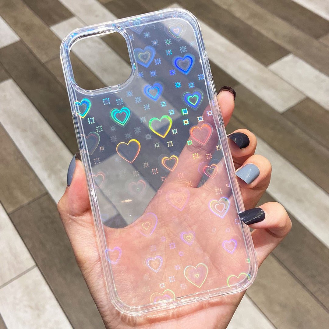 Compatible with iPhone 13 Mini Case, for Laser Glitter Bling Heart Soft & Flexible TPU and Hard PC Back Shockproof Cover Women Girls Heart Pattern Phone Case (Rainbow Heart/Clear)
