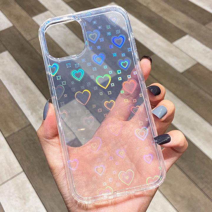 Compatible with iPhone 13 Mini Case, for Laser Glitter Bling Heart Soft & Flexible TPU and Hard PC Back Shockproof Cover Women Girls Heart Pattern Phone Case (Rainbow Heart/Clear)