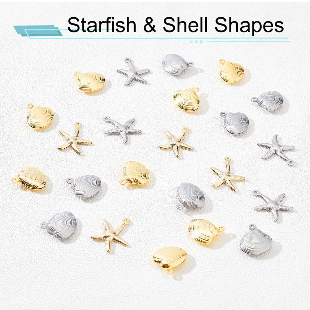 4 Styles Starfish Shell Charms, 40pcs Sea Scallop Metal Charms Pendants Ocean Seashell Dangle Charms Beads for Beach Summer Hawaii Earring Necklace Bracelet Jewelry Making