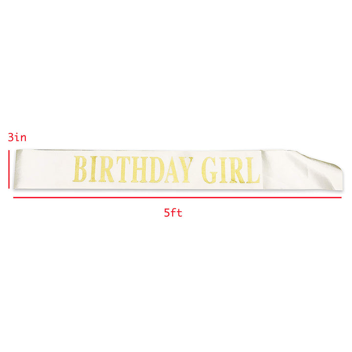 Birthday Sash for Girls White Satin Birthday Girl Sash with Gold Glitter Lettering Party Favors, Supplies and Decorations