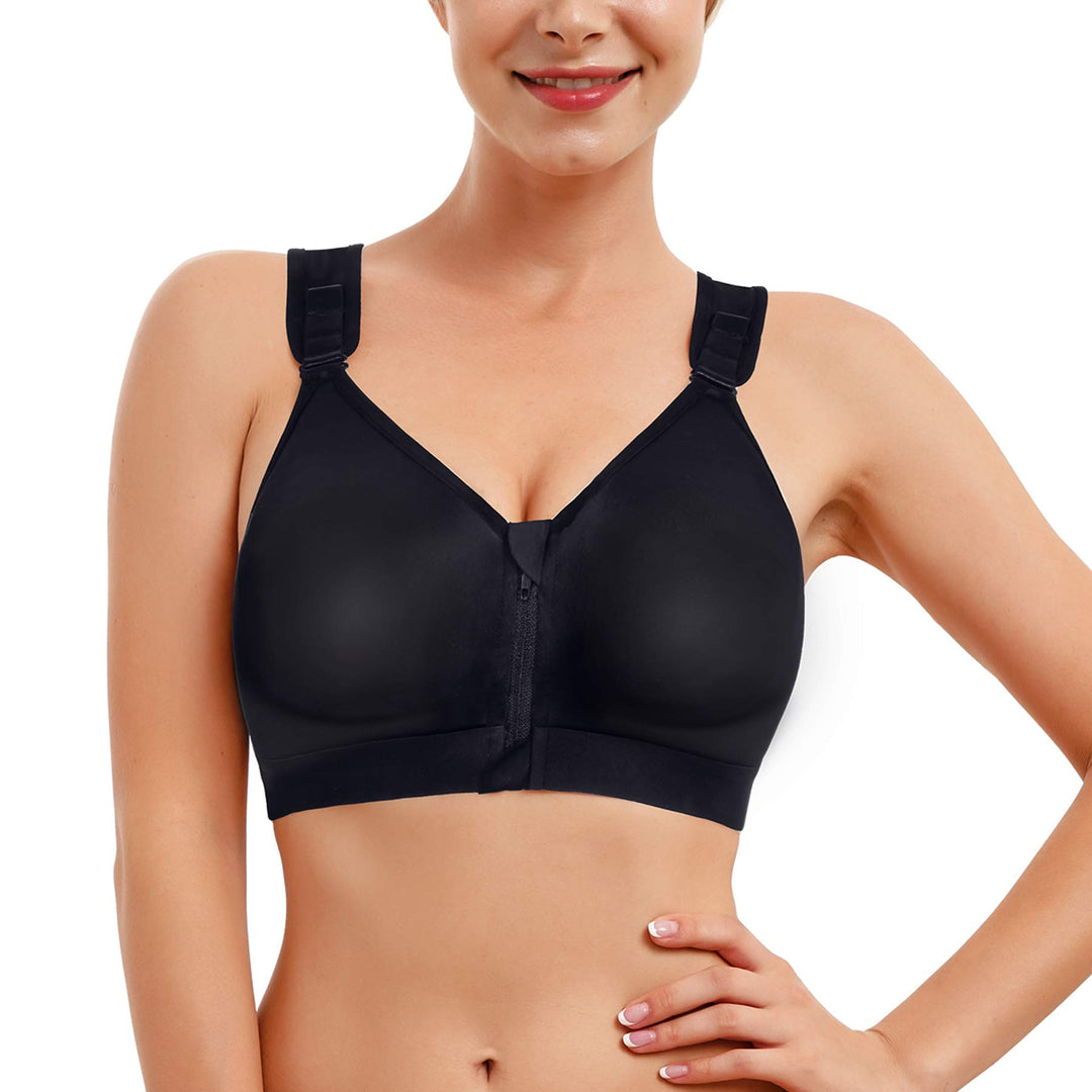 Women Post-Surgical Bra Zip Front Post Surgery Sports Bras Racerback Support Wireless Adjustable Straps (L, Black)