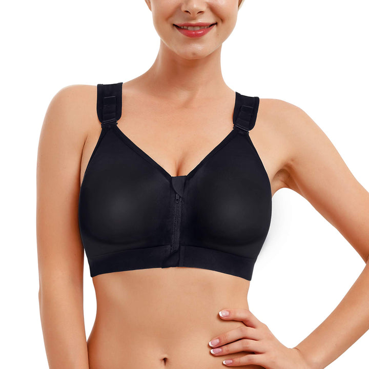 Women Post-Surgical Bra Zip Front Post Surgery Sports Bras Racerback Support Wireless Adjustable Straps (L, Black)