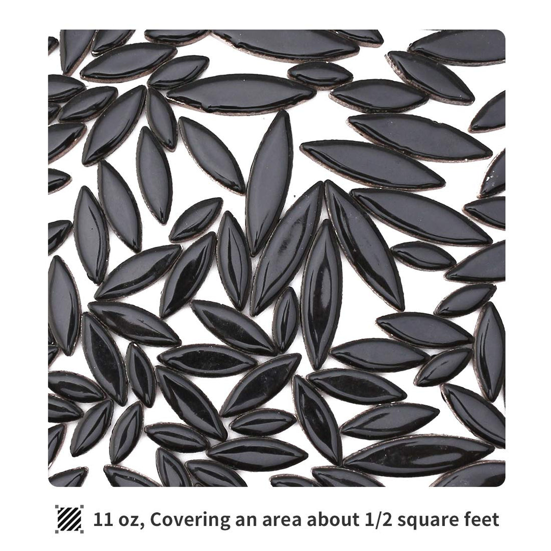 Ceramic Mosaic Tiles for Crafts,Petal Shape Black Mosaic Pieces for Craft Supplies (Black,3 Sizes,312g)