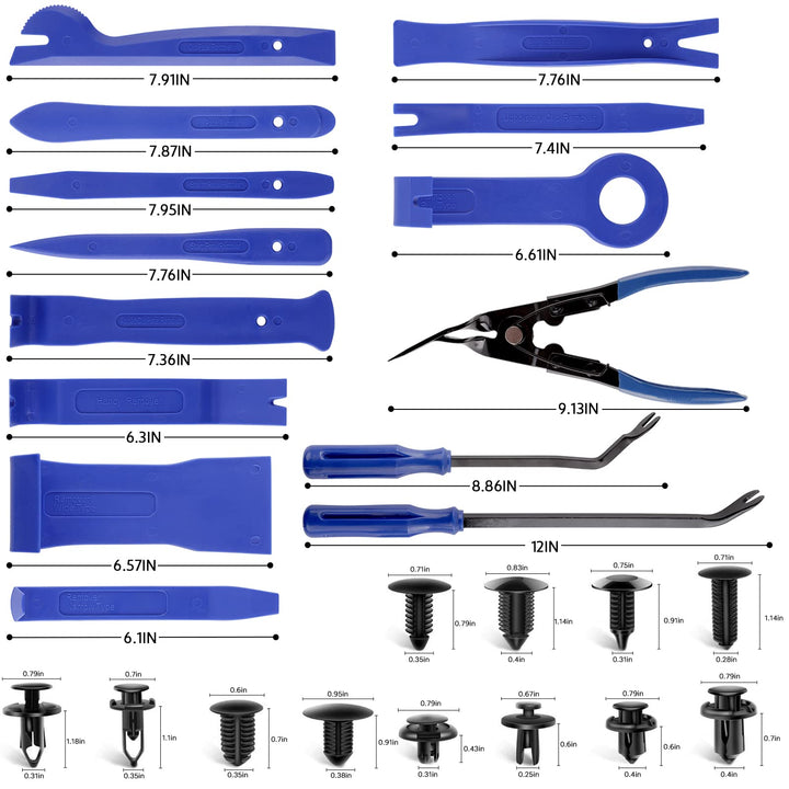 95Pcs Trim Removal Tool Car Panel Door Audio Trim Removal Kit Multiple Auto Clip Pliers Fastener Remover Set Pry Puller Crowbar Car Upholstery Terminal/Stereo Repair Blue with Storage Bag