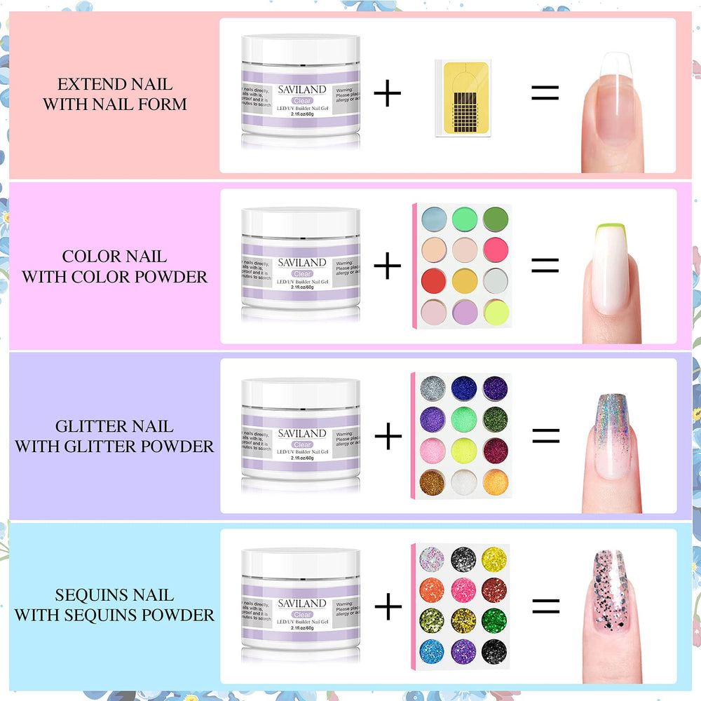 Saviland Builder Gel for Nails Kit - Nail Extension Gel Kit Nail Strengthen Nail Art Manicure Set with 36pcs Nail Powder, 15pcs Acrylic Nail Brush & 100 pcs Nail Forms for Nails