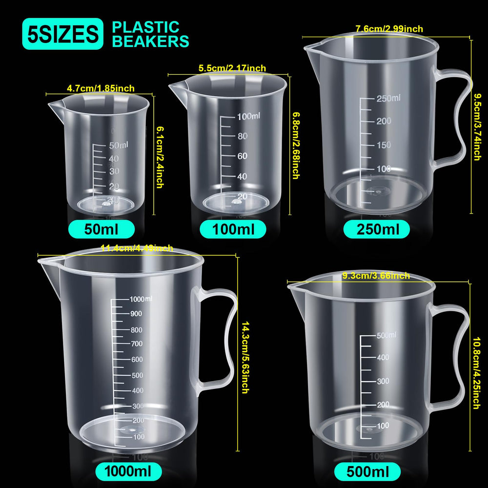 Graduated Cylinder Plastic Beaker, 5pcs Plastic Graduated Cylinder 10ml 25ml 50ml 100ml 250ml and 5pcs Plastic Beakers 50ml 100ml 250ml 500ml1000ml Clear 10pcs
