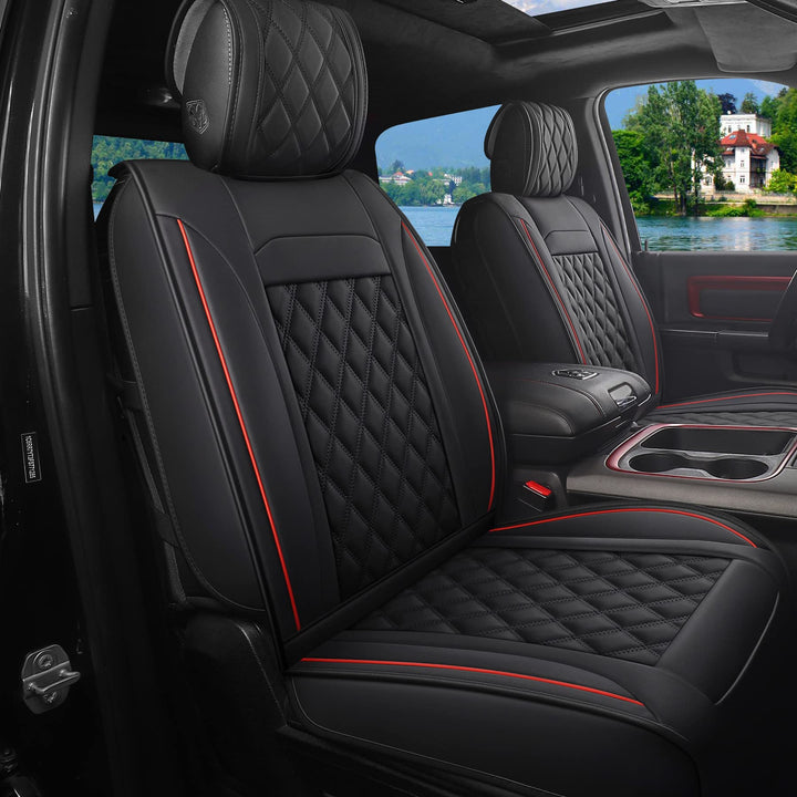 Car Seat Covers for Dodge Ram,Fit 2009-2023 1500/2500/3500 HD Pick-up Truck,Crew,Regular,Quad,Mega Cab,Waterproof Synthetic Leather Seat Covers(5PCS-Full Set,Black-Red)