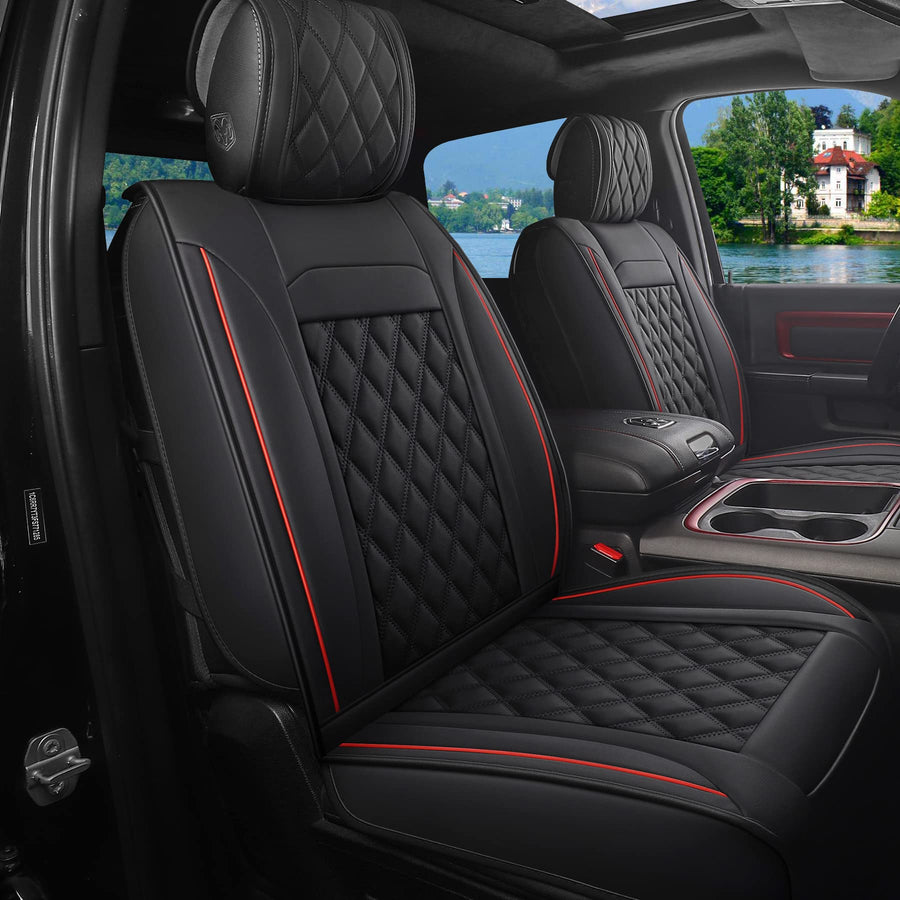 Car Seat Covers for Dodge Ram,Fit 2009-2023 1500/2500/3500 HD Pick-up Truck,Crew,Regular,Quad,Mega Cab,Waterproof Synthetic Leather Seat Covers(5PCS-Full Set,Black-Red)