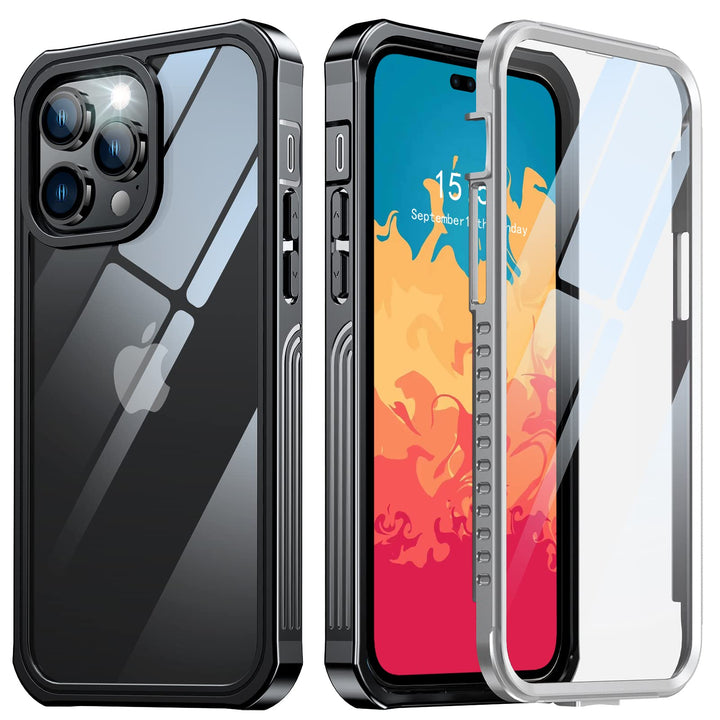 for iPhone 14 Pro Max Case, 2022 Upgrade Tempered Glass Clear Bumper Case with Built-in 9H Screen Protector, Full Body Protective Shockproof Rugged Cover for iPhone 14 Pro Max 5G 6.7’’(Black)