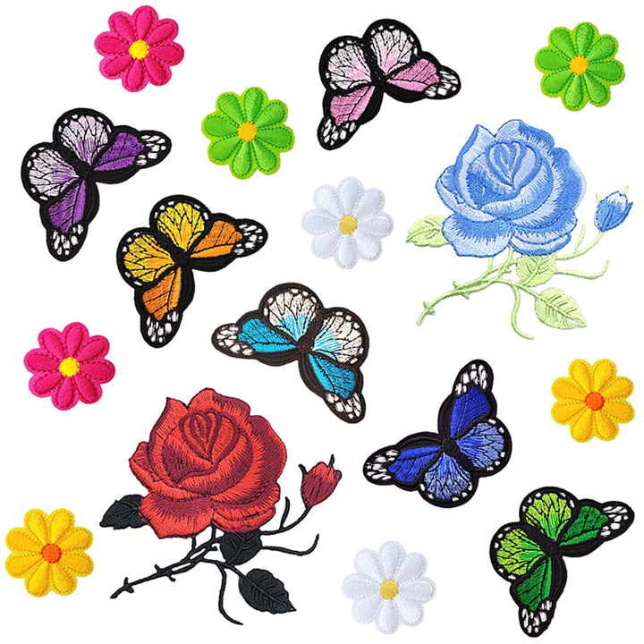 Butterfly Patches Flower Embroidery Patch Sunflower Iron On Patches Rose Applique Patches Sew On Badges Logo Repair Decorative Patches for Clothes Jeans Clothing Jackets Bags Shoes Hats (16 Pcs)