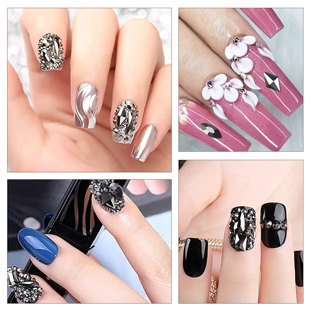2 Box Flat Back Jet Black Nail Rhinestones Crystals Set Glass Rhinestones Gems For Nails Nail Jewelry Fake Diamonds Nail Charms For Women DIY Crafts Clothes Shoes Jewelry Big Nail Stones