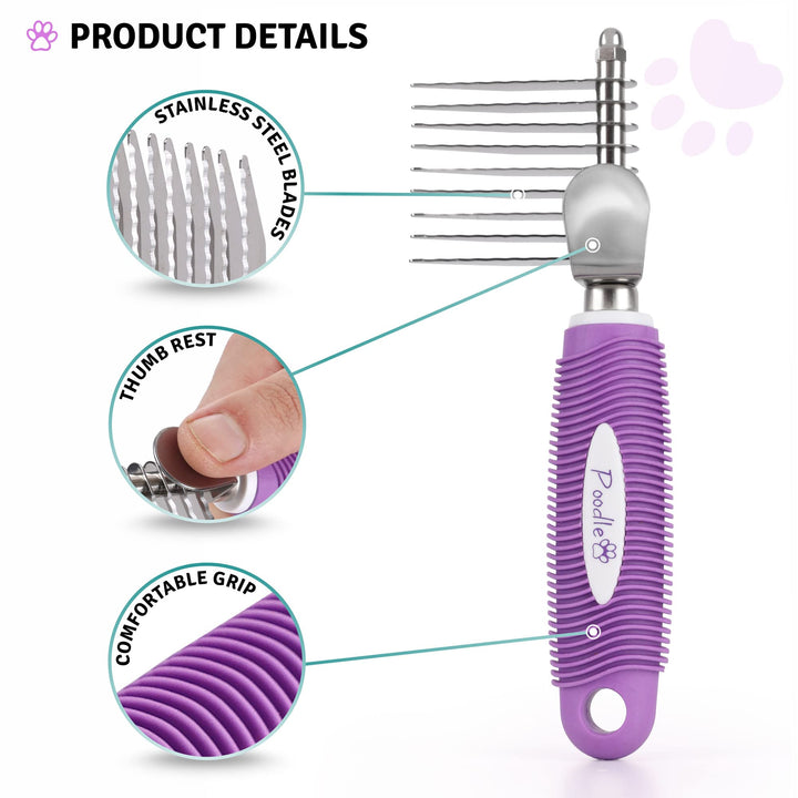 Poodle Dematting Fur Rake Comb Brush for Dogs and Cats - Long 2.5 Steel Safety Blades Metal Comb for Detangling Matted or Knotted Undercoat Hair