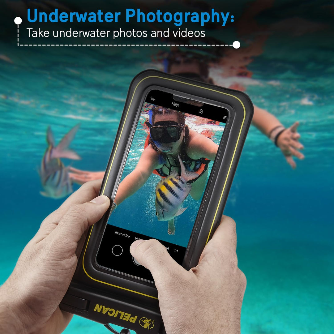 Marine - IP68 Waterproof Phone Pouch / Case (Regular Size) - Floating Waterproof Phone Case For iPhone 16 Pro Max/iPhone 15 Pro/14/13/12/S24 Ultra - Detachable Lanyard - Black/Hi-Vis Yellow