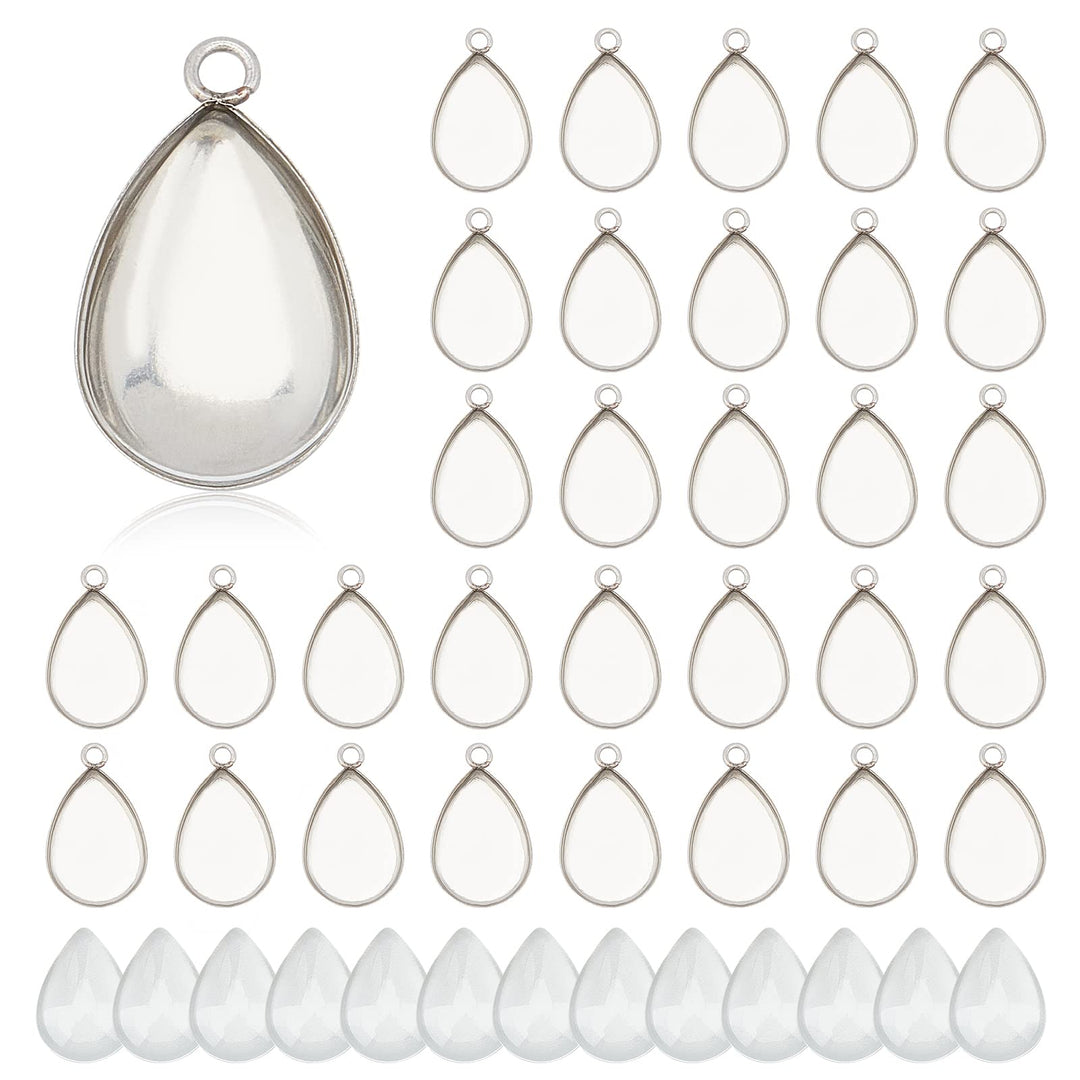 100pcs Bezel Pendant Blanks- 50pcs Drop Pendant Trays Photo Charms Cabochons Blanks with 50pcs Glass Cabochons Clear Dome for Bridal Wedding Bouquet Graduation Cap Jewelry Making