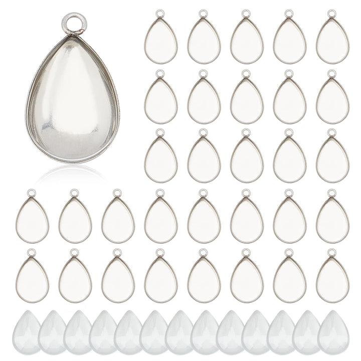 100pcs Bezel Pendant Blanks- 50pcs Drop Pendant Trays Photo Charms Cabochons Blanks with 50pcs Glass Cabochons Clear Dome for Bridal Wedding Bouquet Graduation Cap Jewelry Making